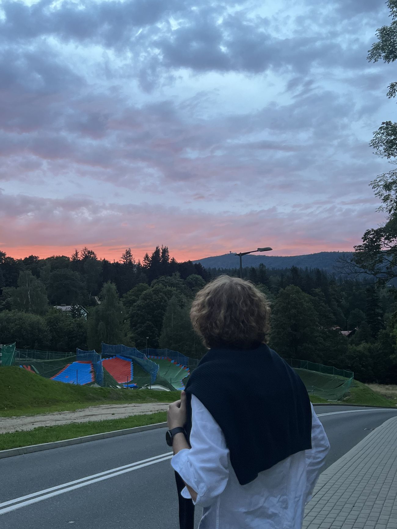 Tony, seen from behind, looking out at a pink sunset over forested hills